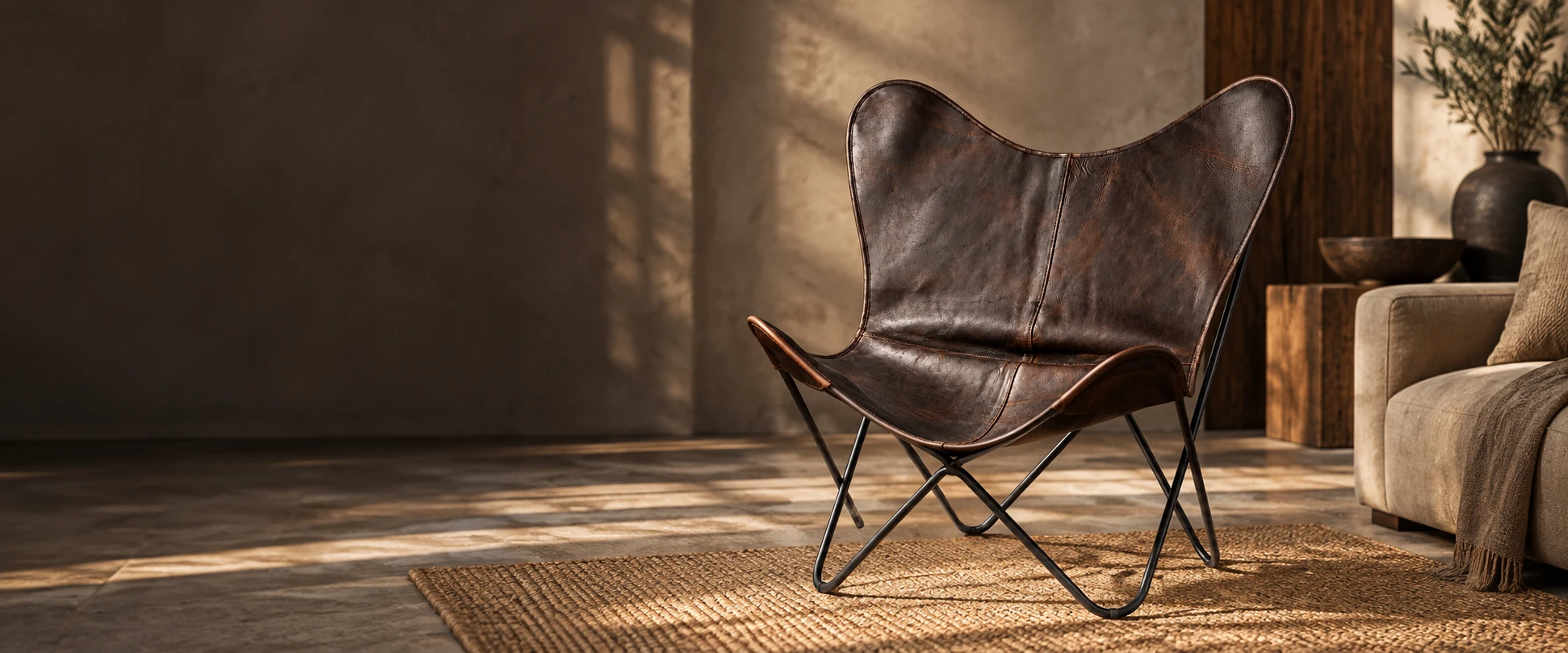 Leather Butterfly Chair Cover styled on a compatible display frame in an elegant lounge