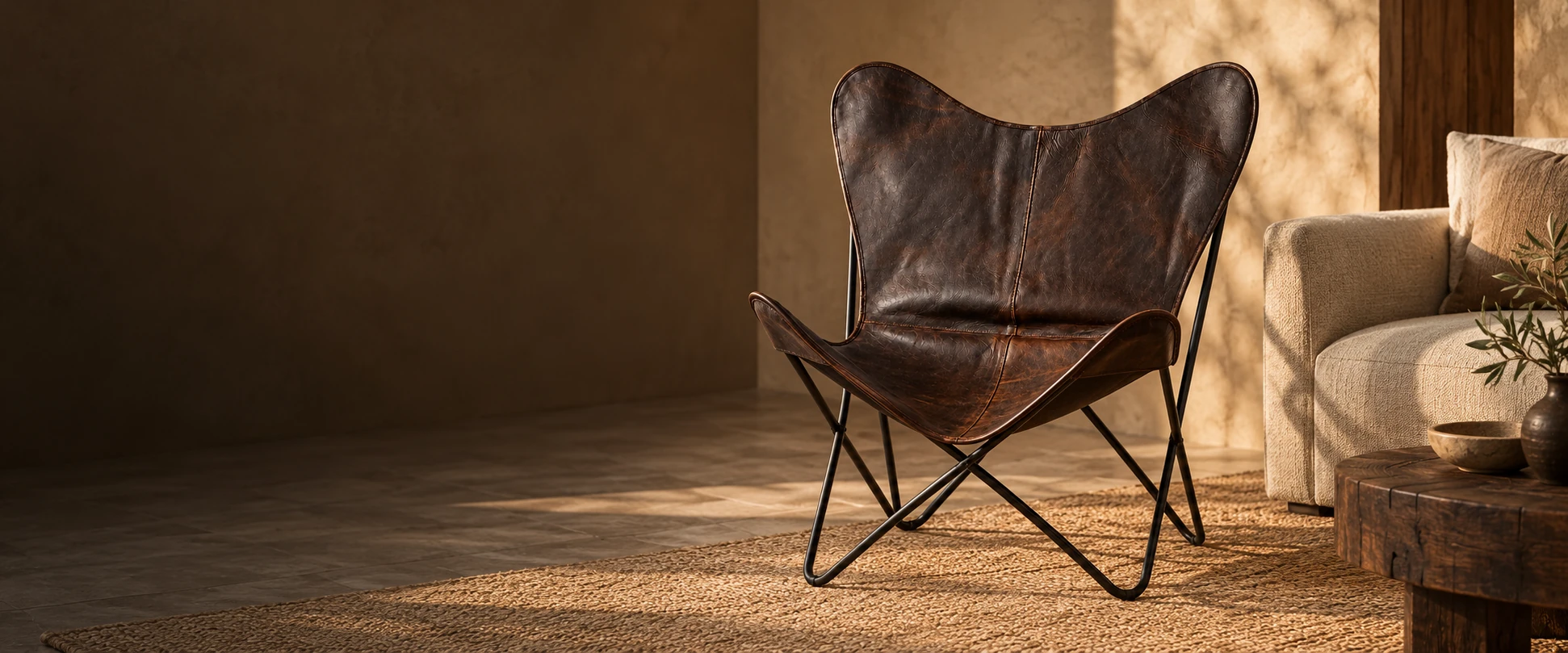 Leather Butterfly Chair Cover styled on a compatible display frame in an elegant lounge