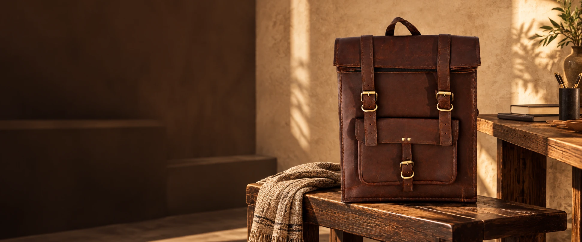 Leather Flap Backpack in an elegant contemporary interior