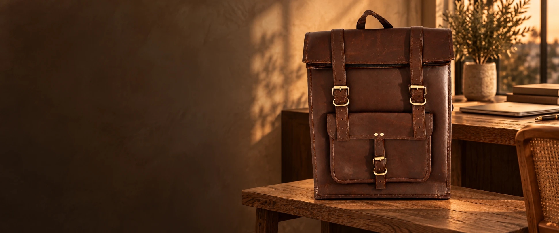 Leather Flap Backpack in an elegant contemporary interior