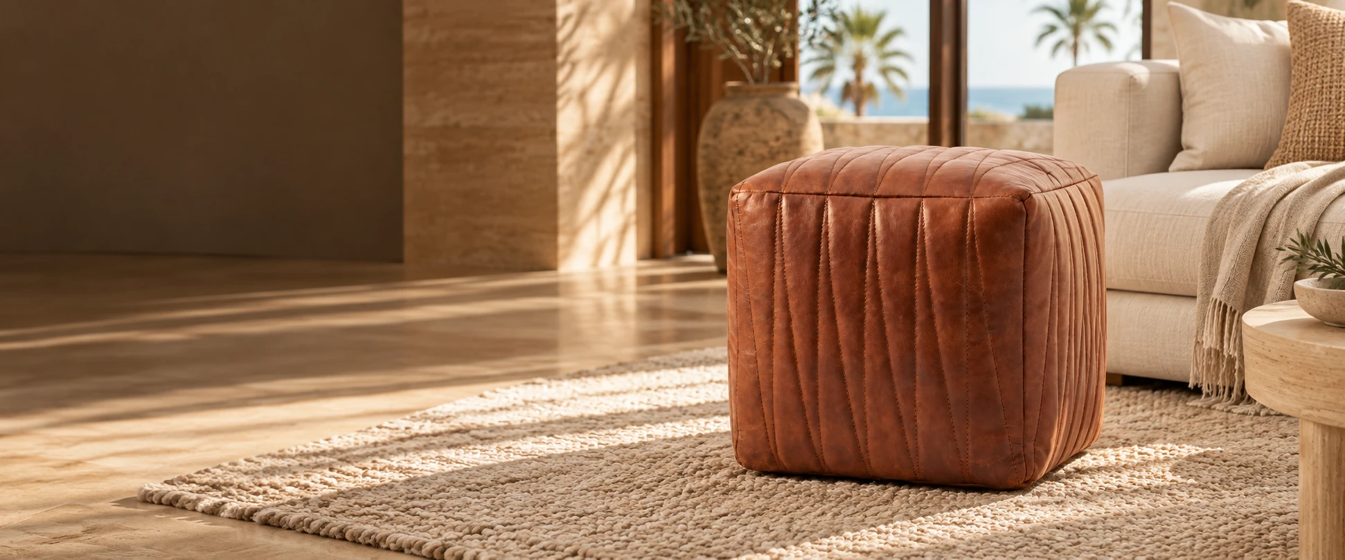 Square Leather Pouf Cover styled with an insert beside a sofa