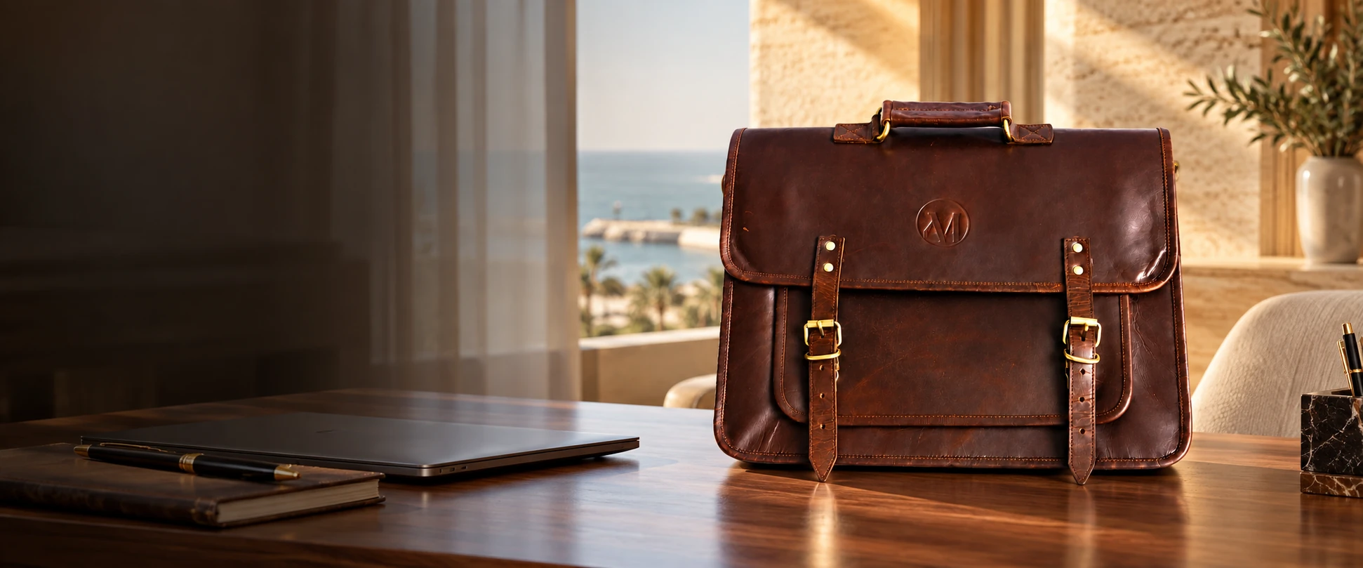 Compact Twin-Buckle Leather Messenger Bag in an elegant contemporary interior