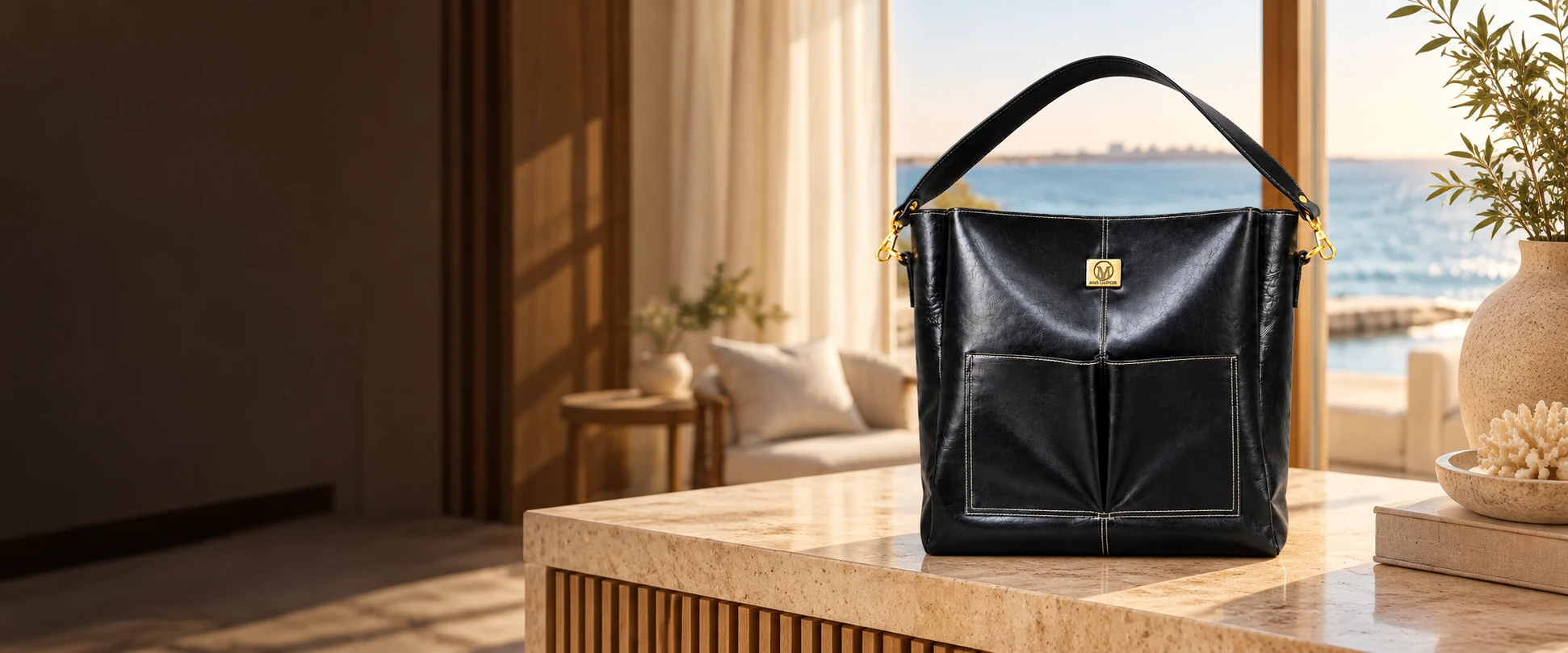 Double-Pocket Leather Tote Bag in an elegant contemporary interior