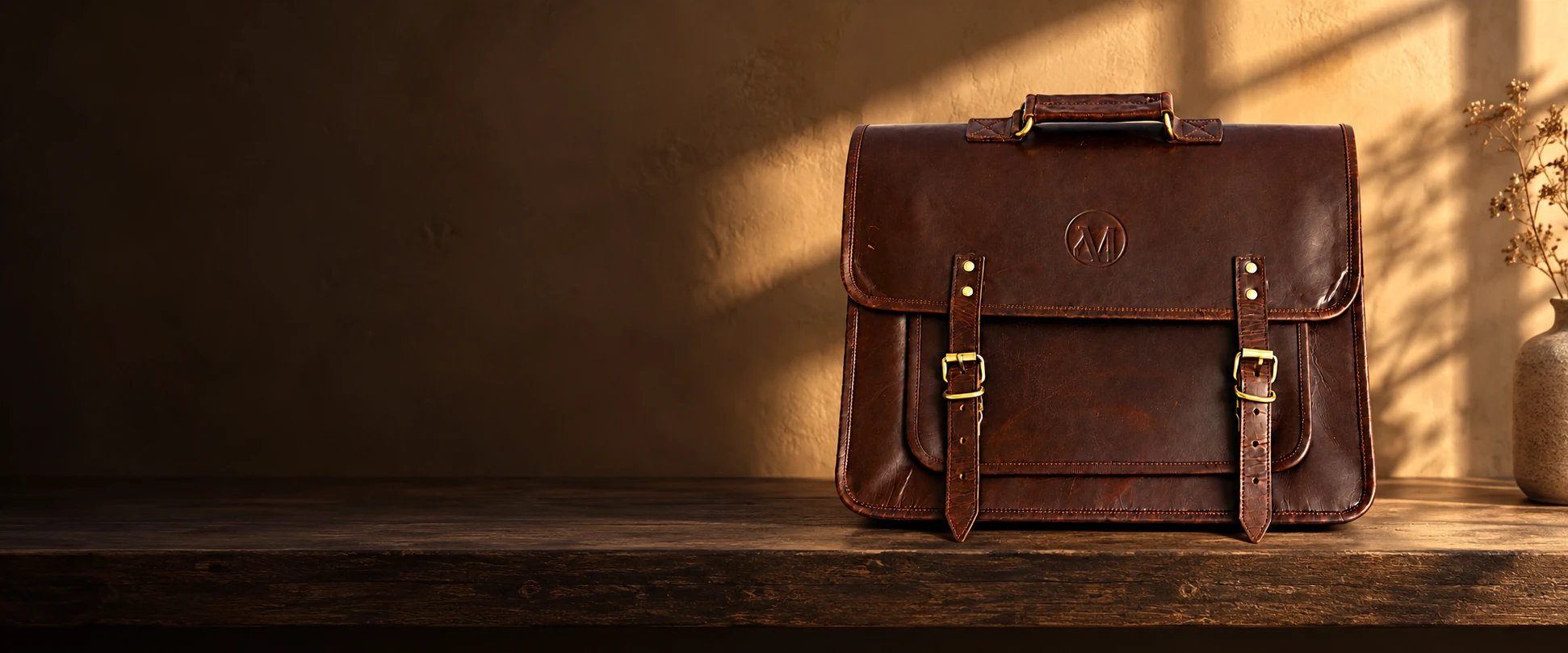 Compact Twin-Buckle Leather Messenger Bag displayed on a smoked oak shelf against warm plaster