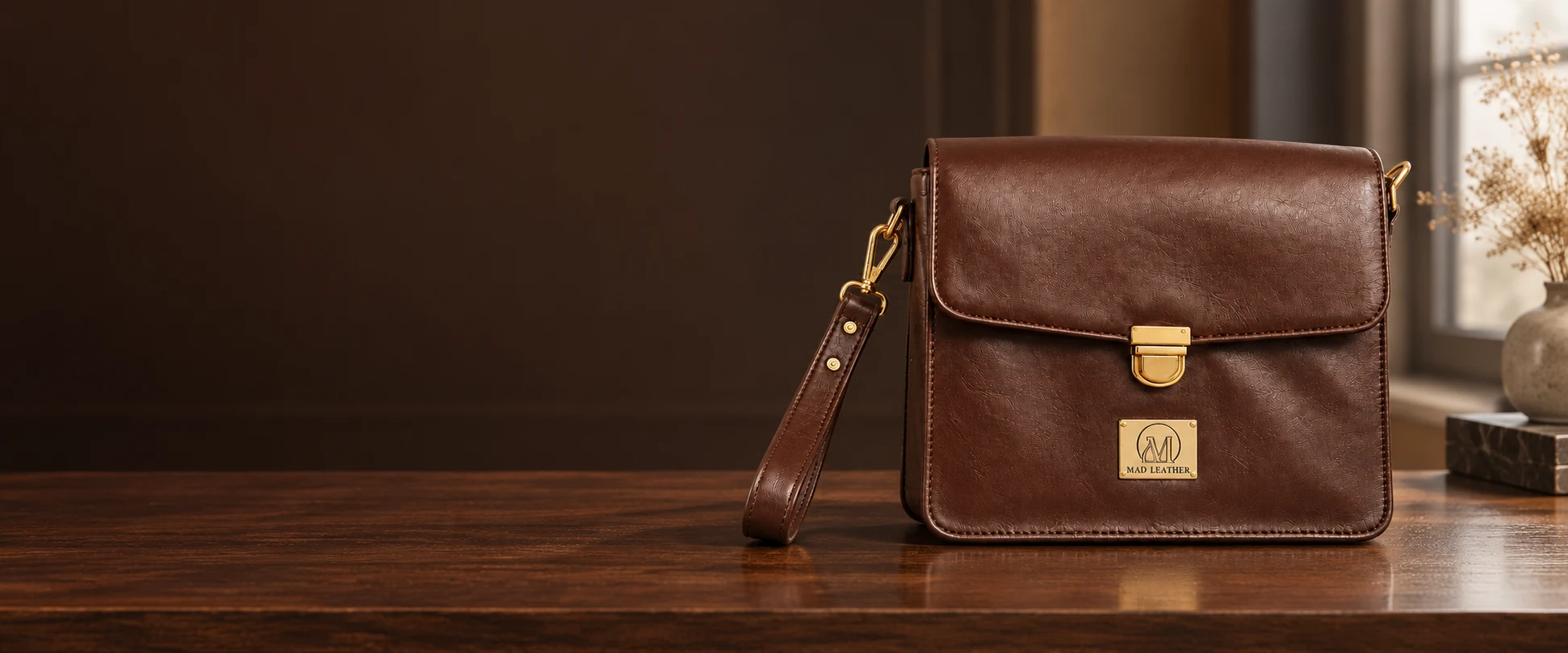 Leather Handheld Clutch displayed on a deep brown retail counter with subtle daylight