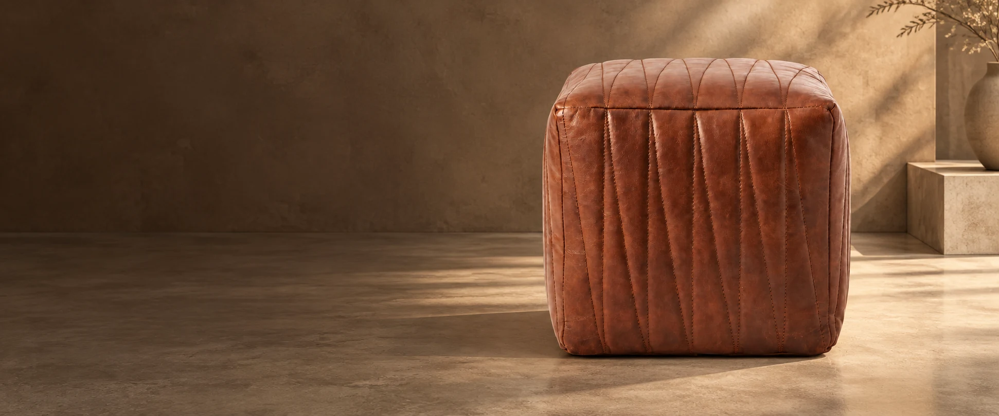 Square Leather Pouf Cover styled in a minimal design studio with warm concrete