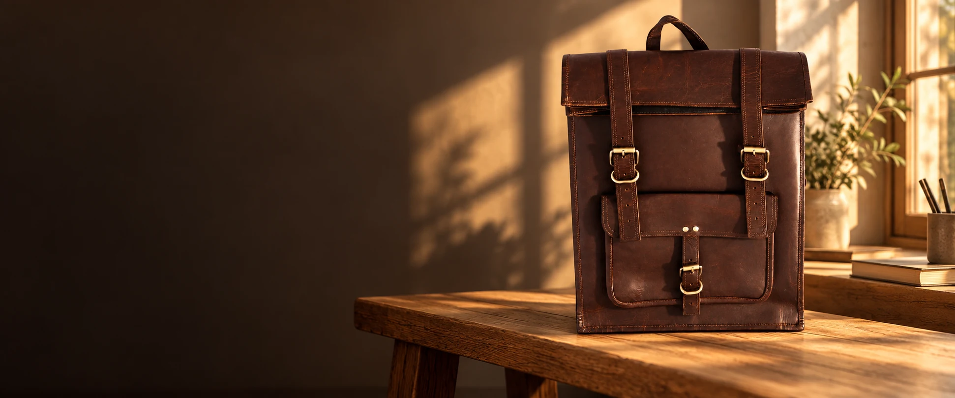 Leather Flap Backpack displayed on an oak bench beside a softly lit workspace