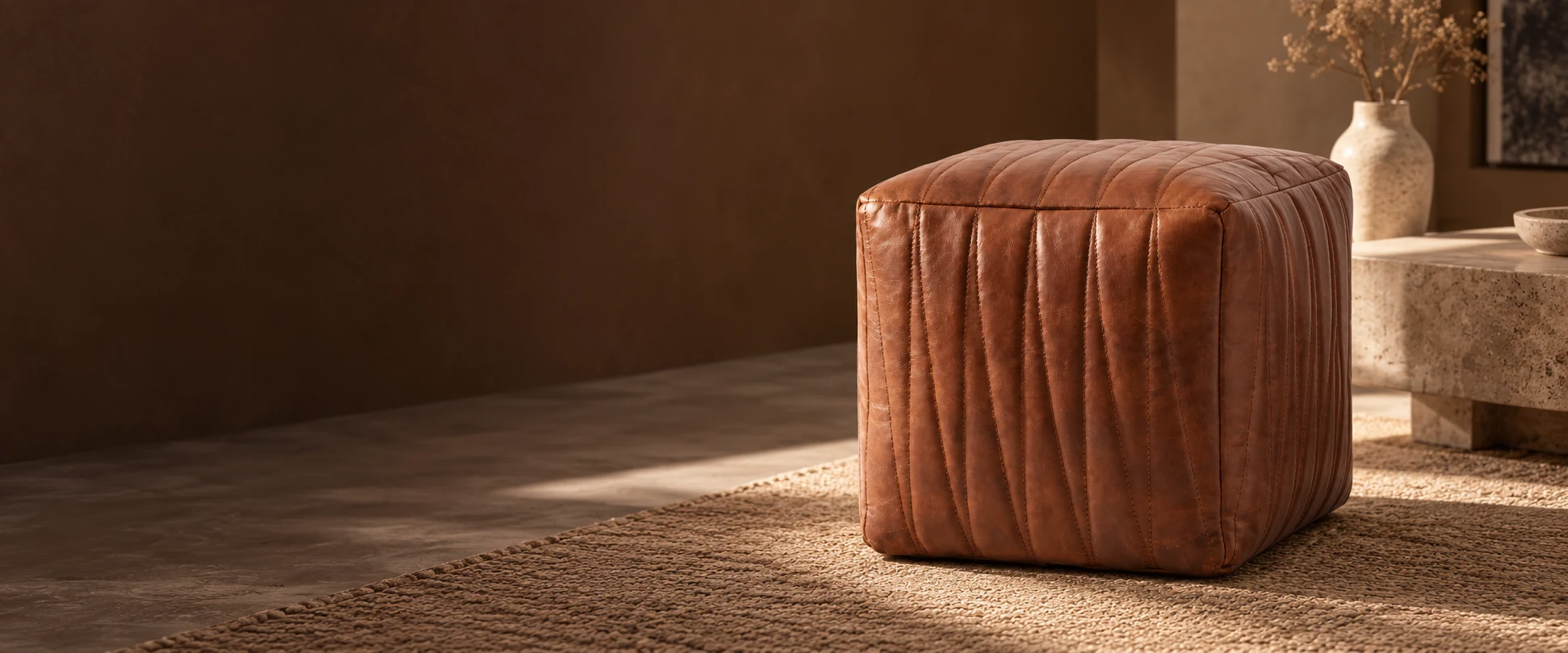 Square Leather Pouf Cover styled in a refined guest lounge with tobacco-toned walls