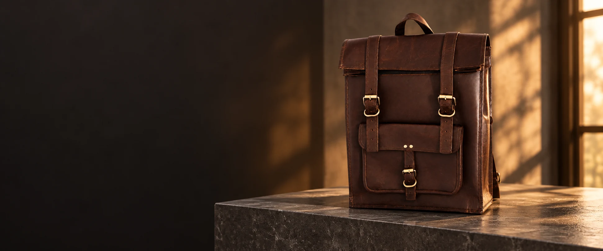 Leather Flap Backpack displayed on a charcoal stone display in a leather showroom