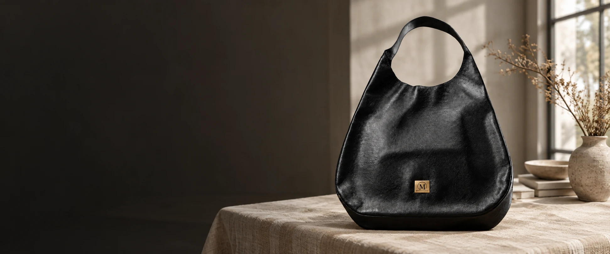 Oversized Leather Hobo Bag displayed on a linen-covered tabletop in a fashion studio