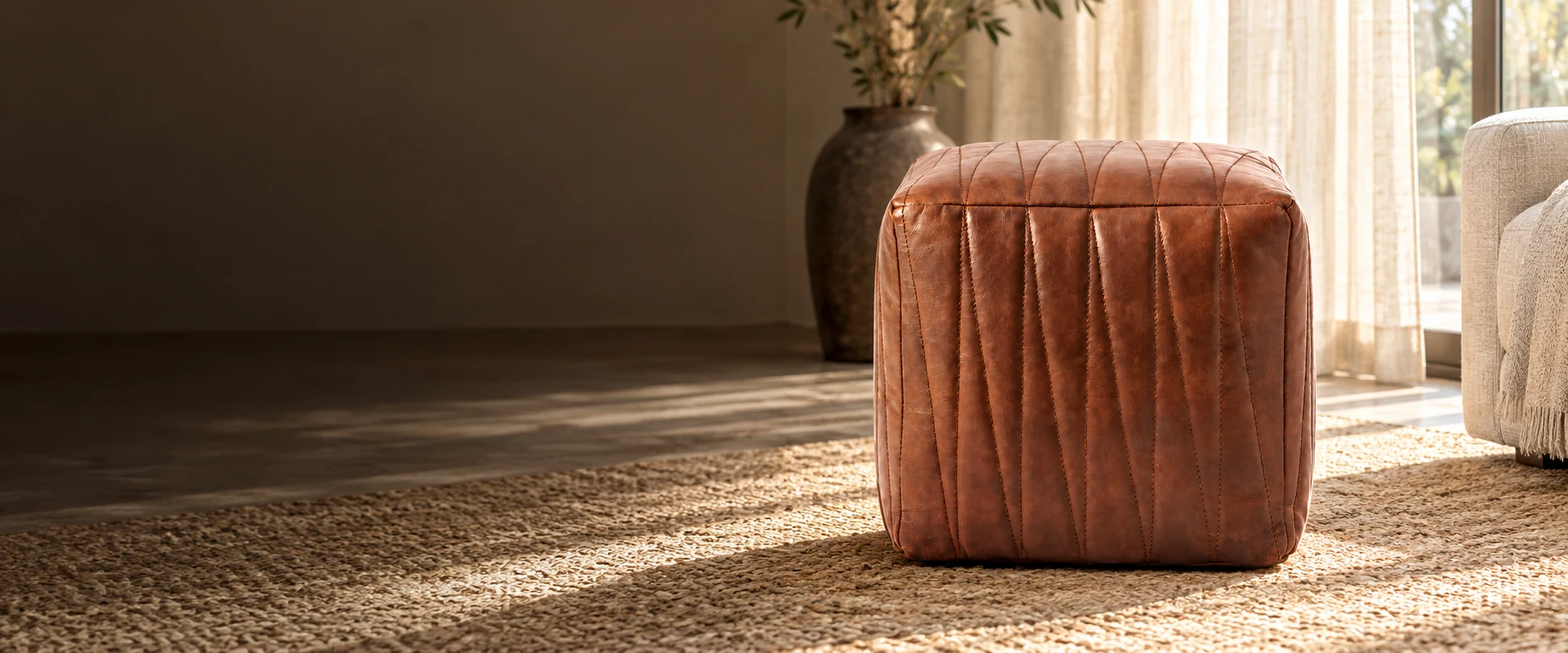 Square Leather Pouf Cover styled in a light-filled living room with woven linen curtains