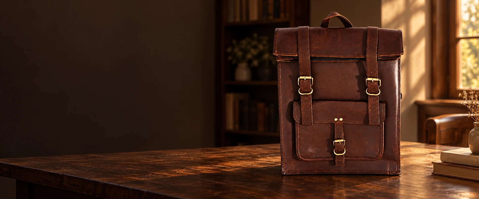 Leather Flap Backpack displayed on a low dark-wood table in a reading room