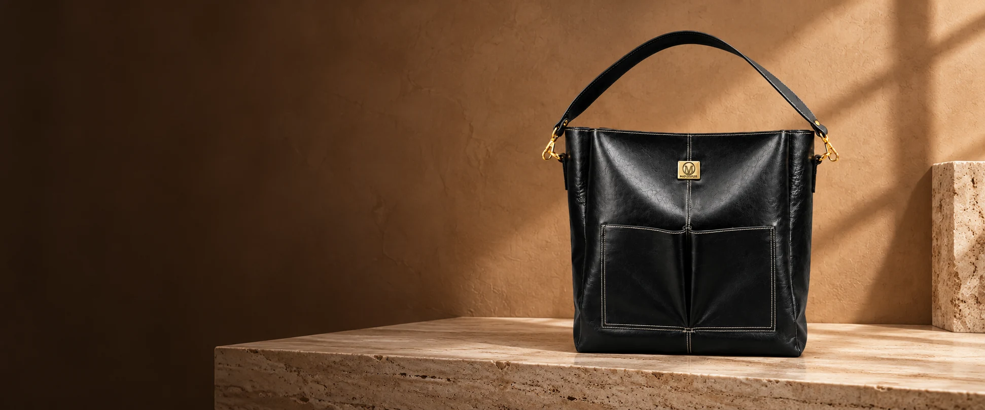 Double-Pocket Leather Tote Bag displayed on a travertine shelf against clay-coloured plaster