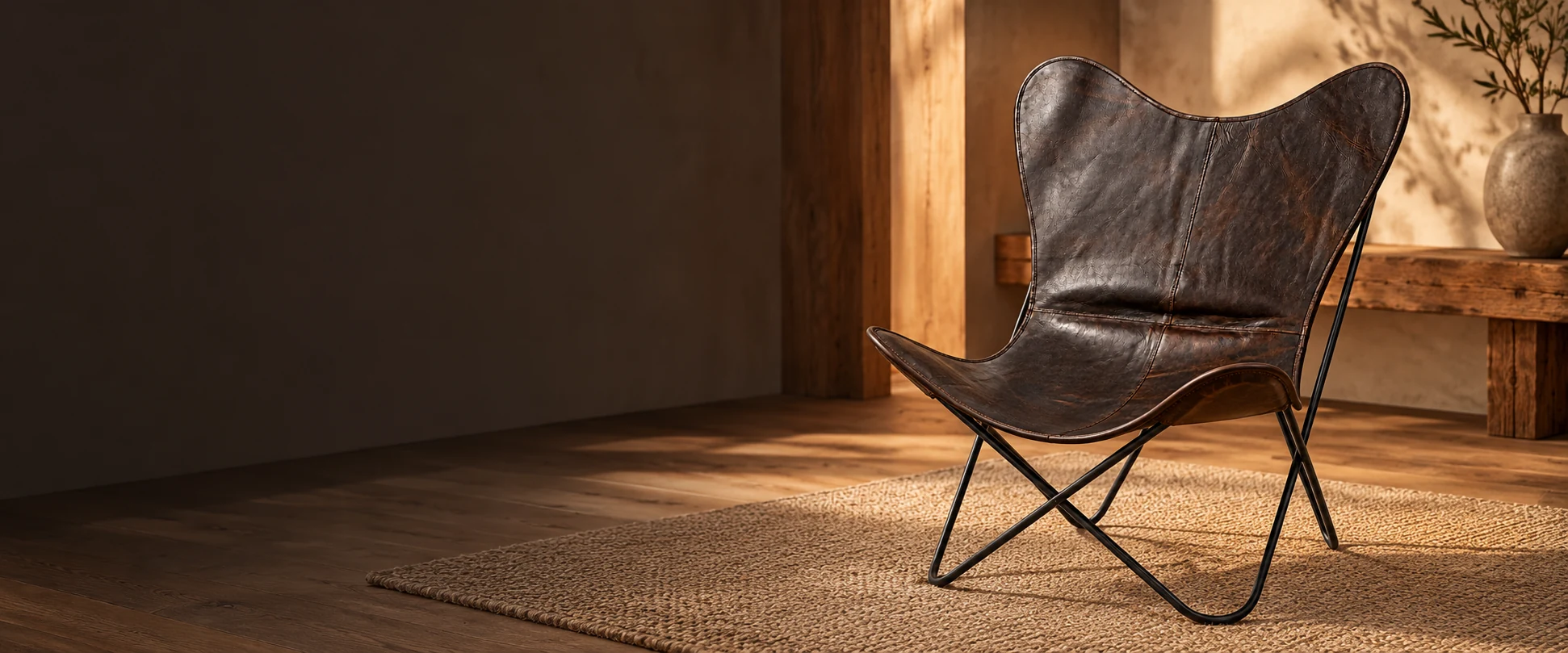 Leather Butterfly Chair Cover styled in a natural timber interior with a softly lit alcove