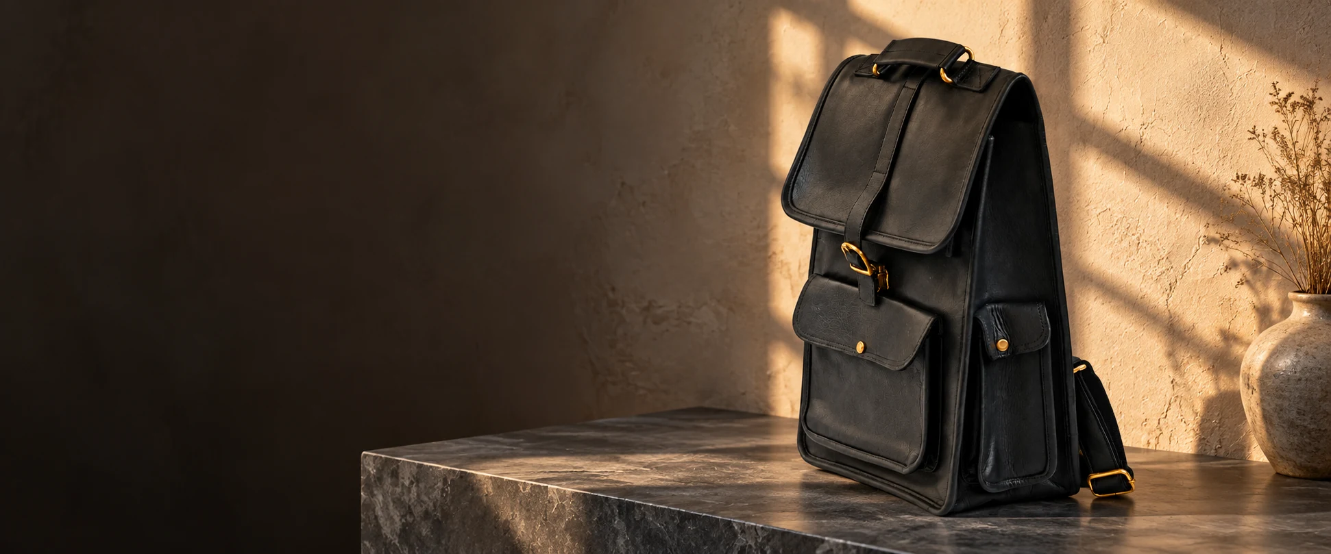 Buckle-Flap Leather Backpack displayed on a slate console beside a textured plaster wall