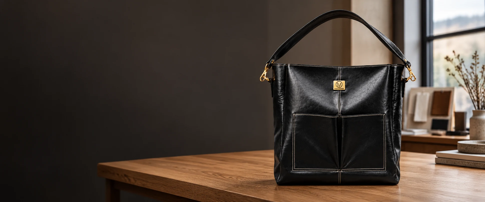 Double-Pocket Leather Tote Bag displayed on a clean oak table in a collection planning studio