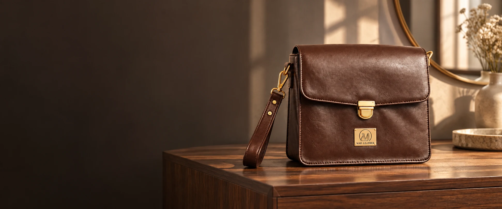 Leather Handheld Clutch displayed on a walnut console in a contemporary dressing room