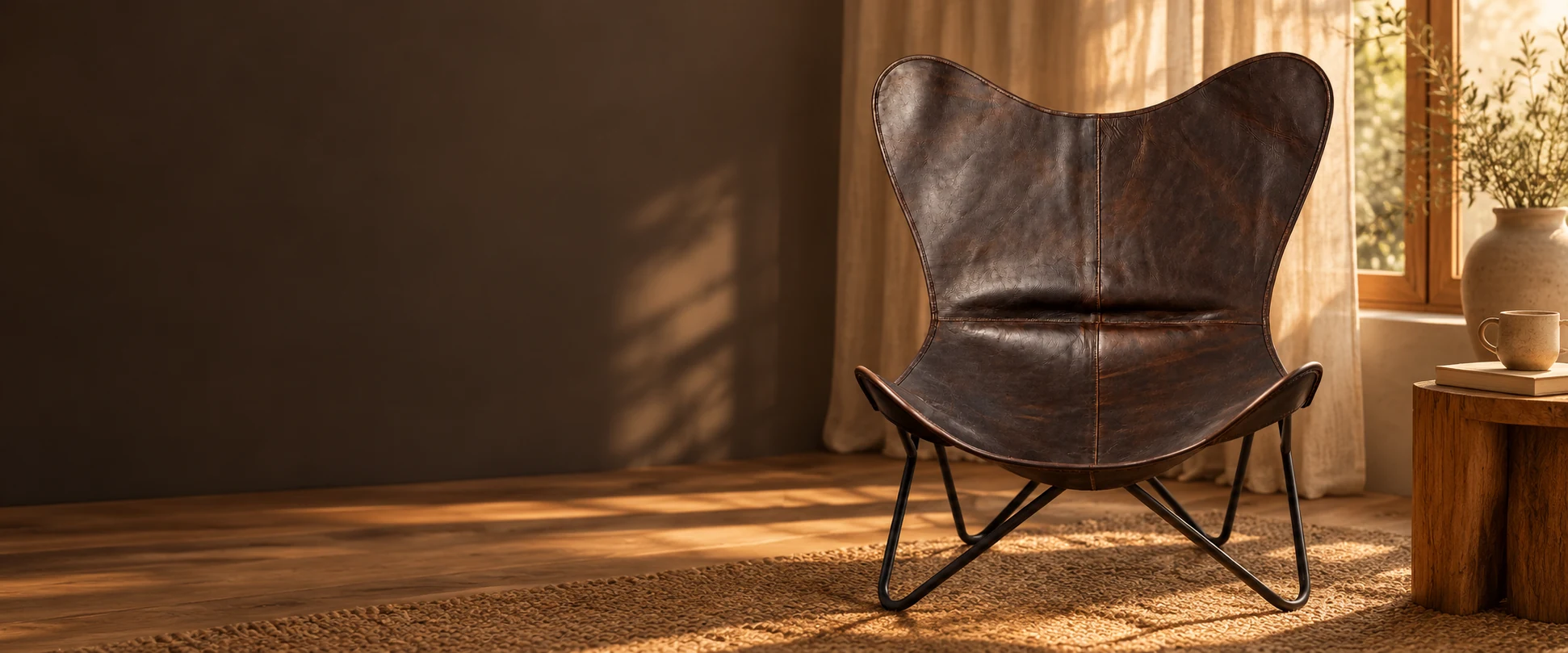 Leather Butterfly Chair Cover styled in a reading corner with neutral linen and warm timber