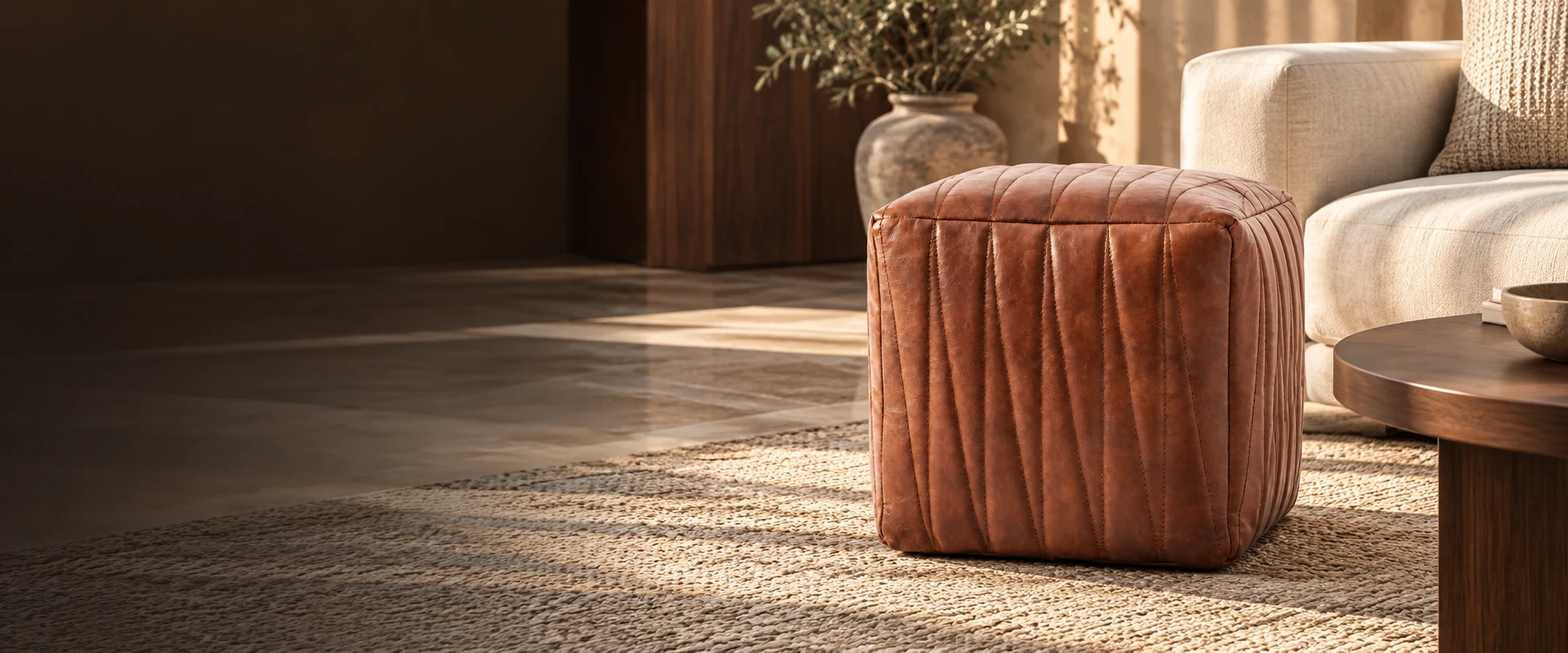 Square Leather Pouf Cover styled with an insert beside a sofa