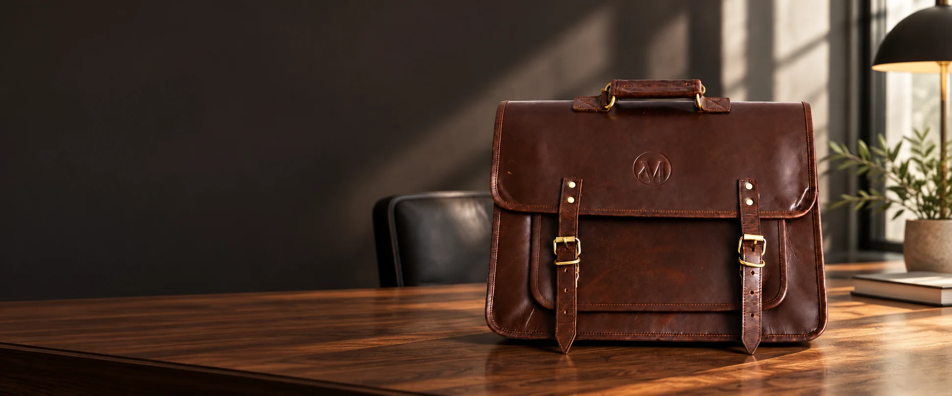 Compact Twin-Buckle Leather Messenger Bag displayed on a quiet walnut work desk in a modern office