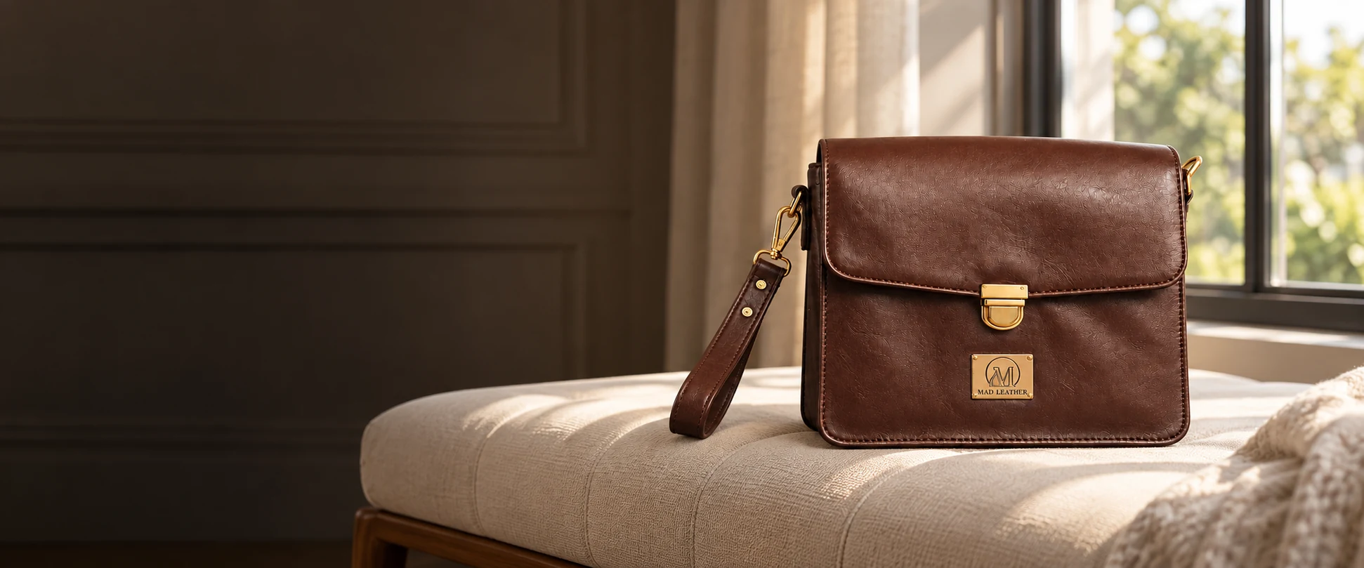 Leather Handheld Clutch displayed on a cream upholstered bench beside a window