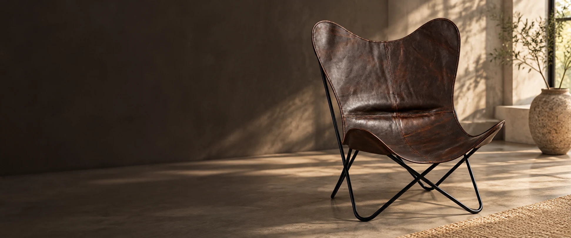 Leather Butterfly Chair Cover styled in a contemporary interior showroom with soft window light