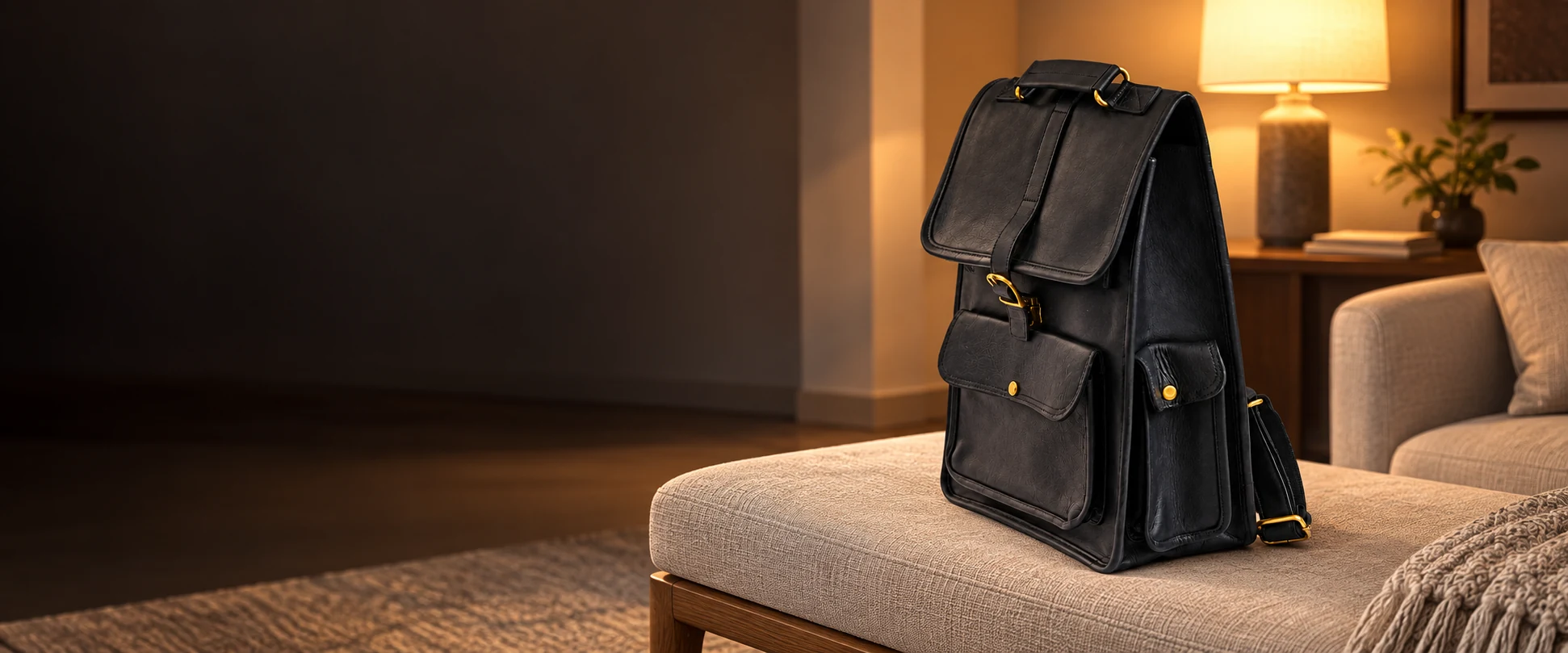 Buckle-Flap Leather Backpack displayed on a linen-covered bench in a bright work lounge