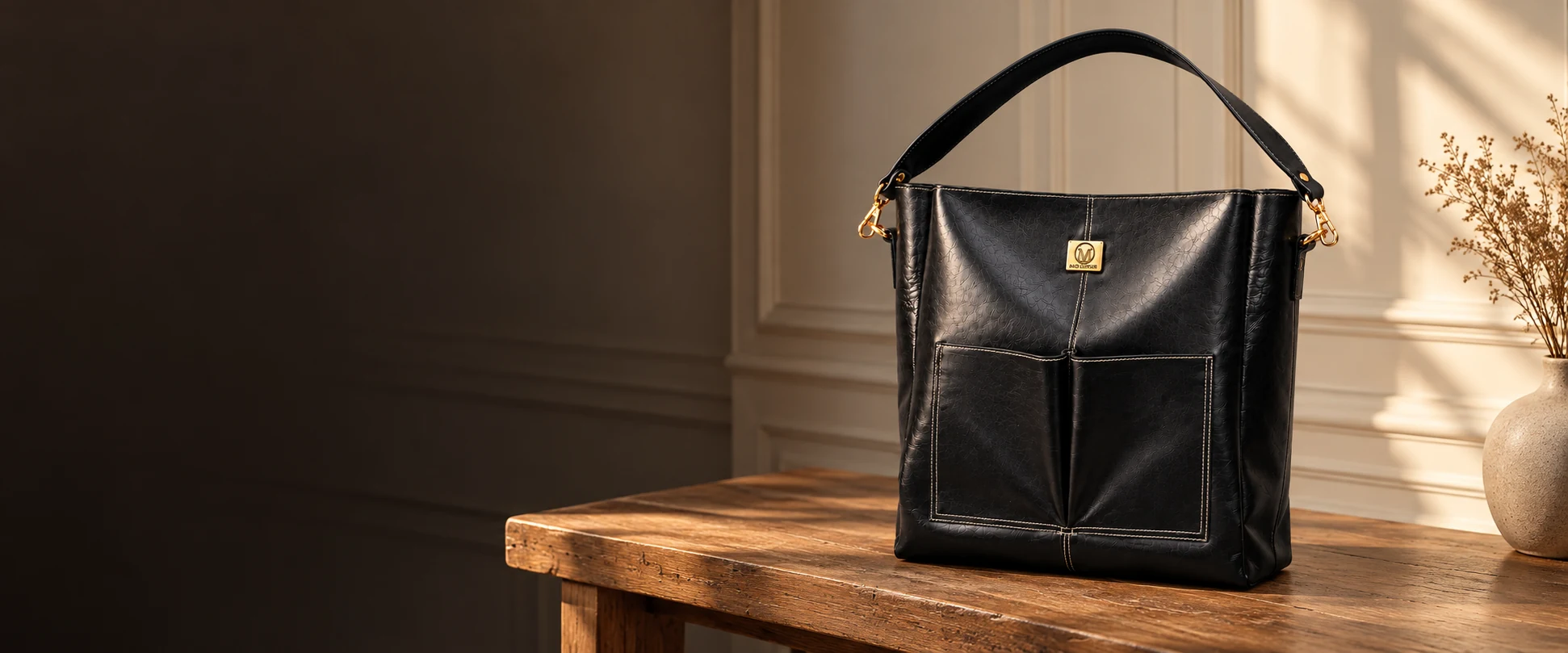 Double-Pocket Leather Tote Bag displayed on a timber bench against warm cream panelling
