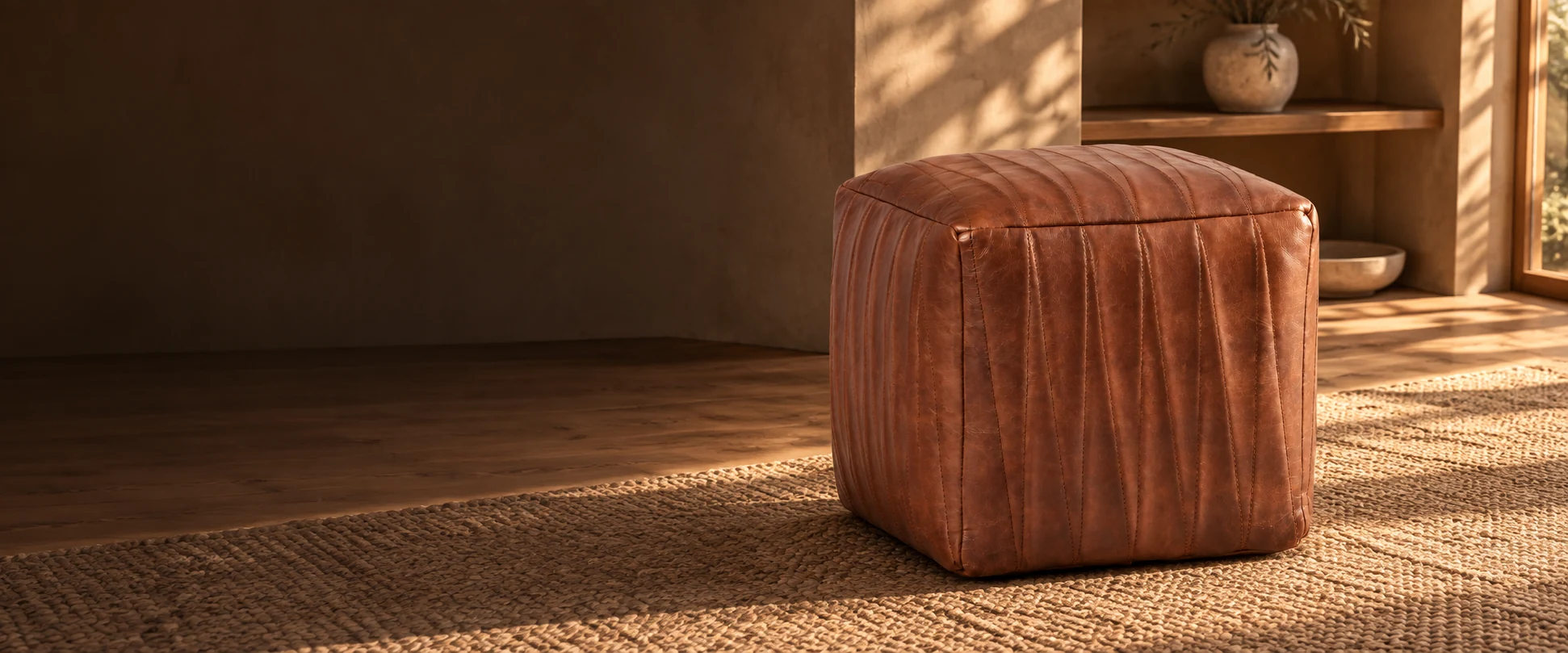 Square Leather Pouf Cover styled in a natural timber interior with a softly lit alcove