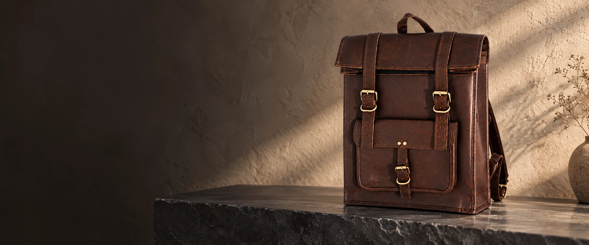 Leather Flap Backpack displayed on a slate console beside a textured plaster wall