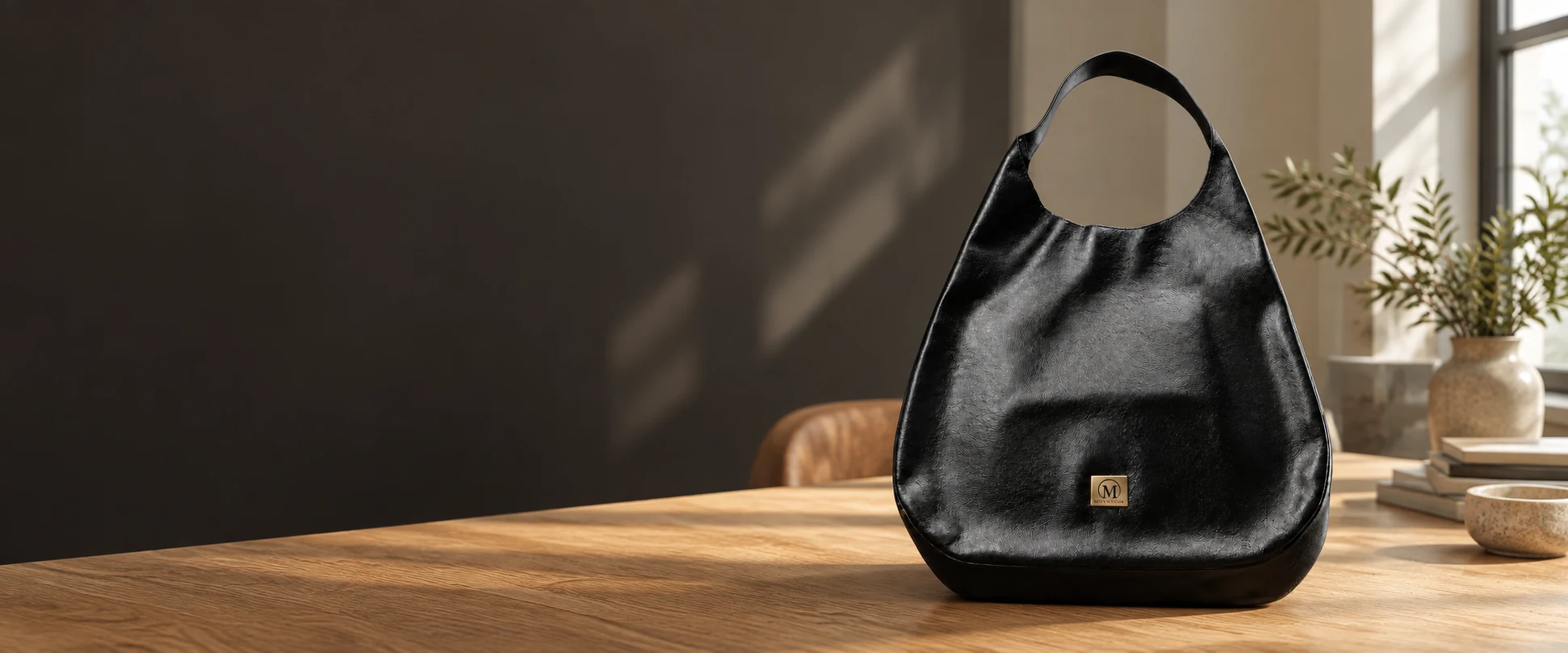 Oversized Leather Hobo Bag displayed on a clean oak table in a collection planning studio