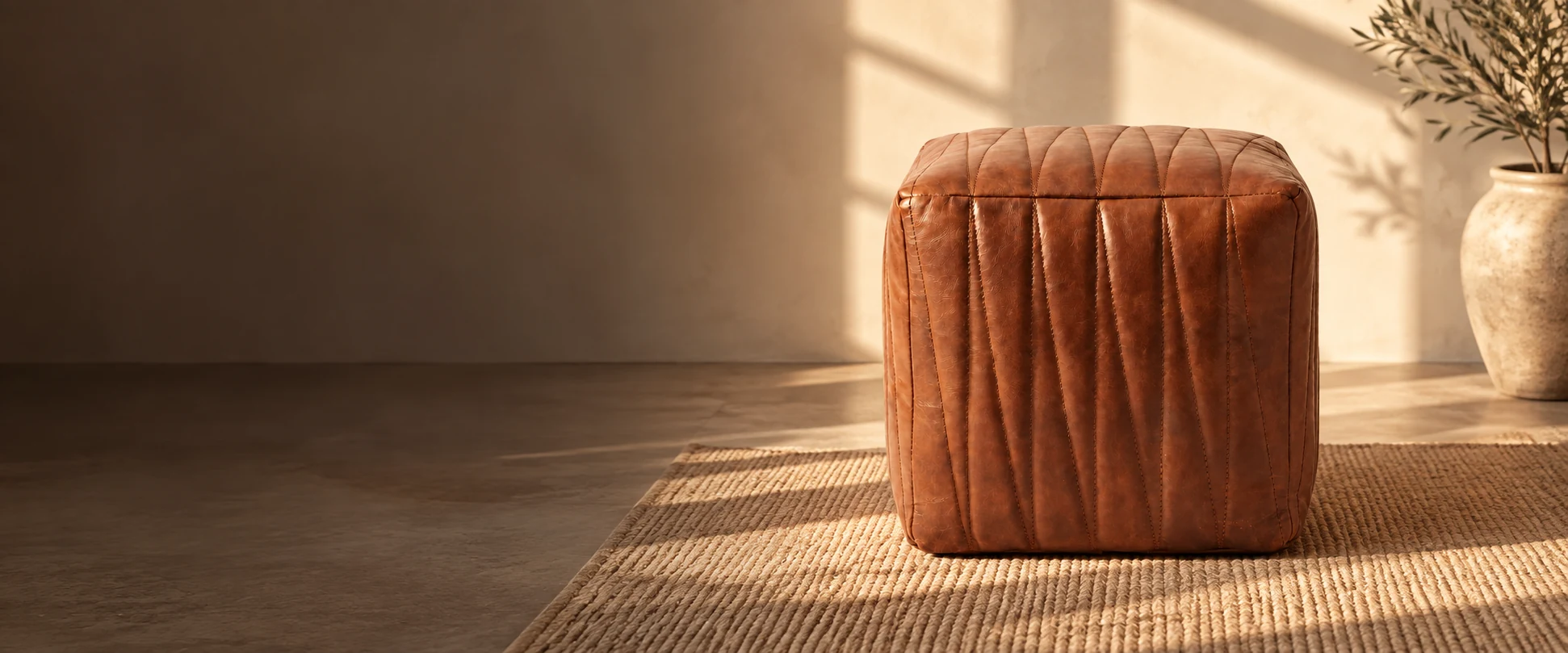 Square Leather Pouf Cover styled in a quiet interior studio with warm ivory walls
