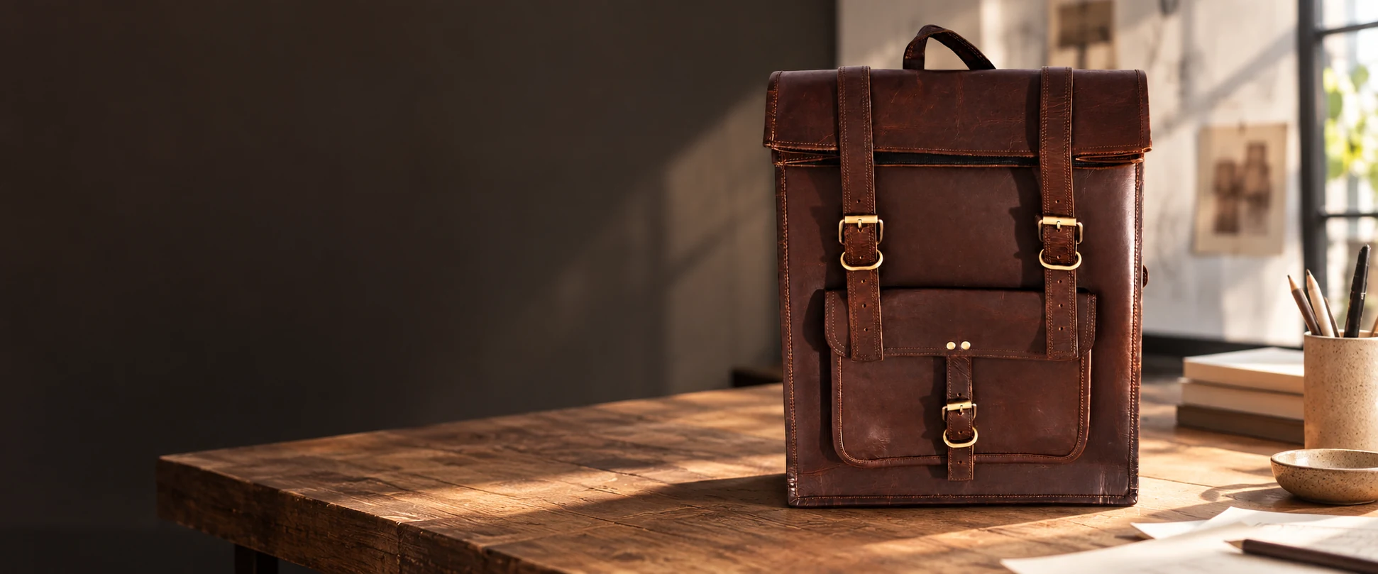 Leather Flap Backpack displayed on a work table in a contemporary design studio