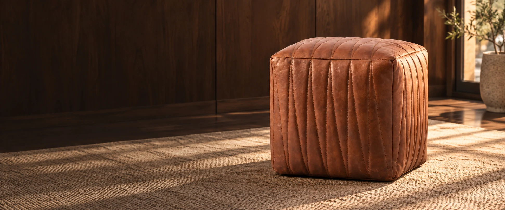 Square Leather Pouf Cover styled in a walnut-panelled room with a clean neutral rug