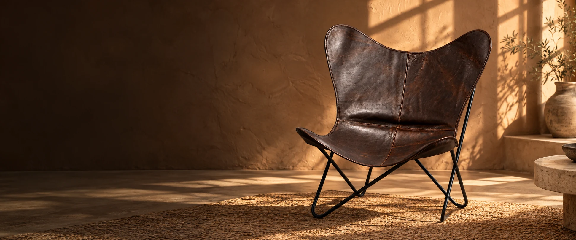 Leather Butterfly Chair Cover styled in a hospitality lounge with a textured clay wall