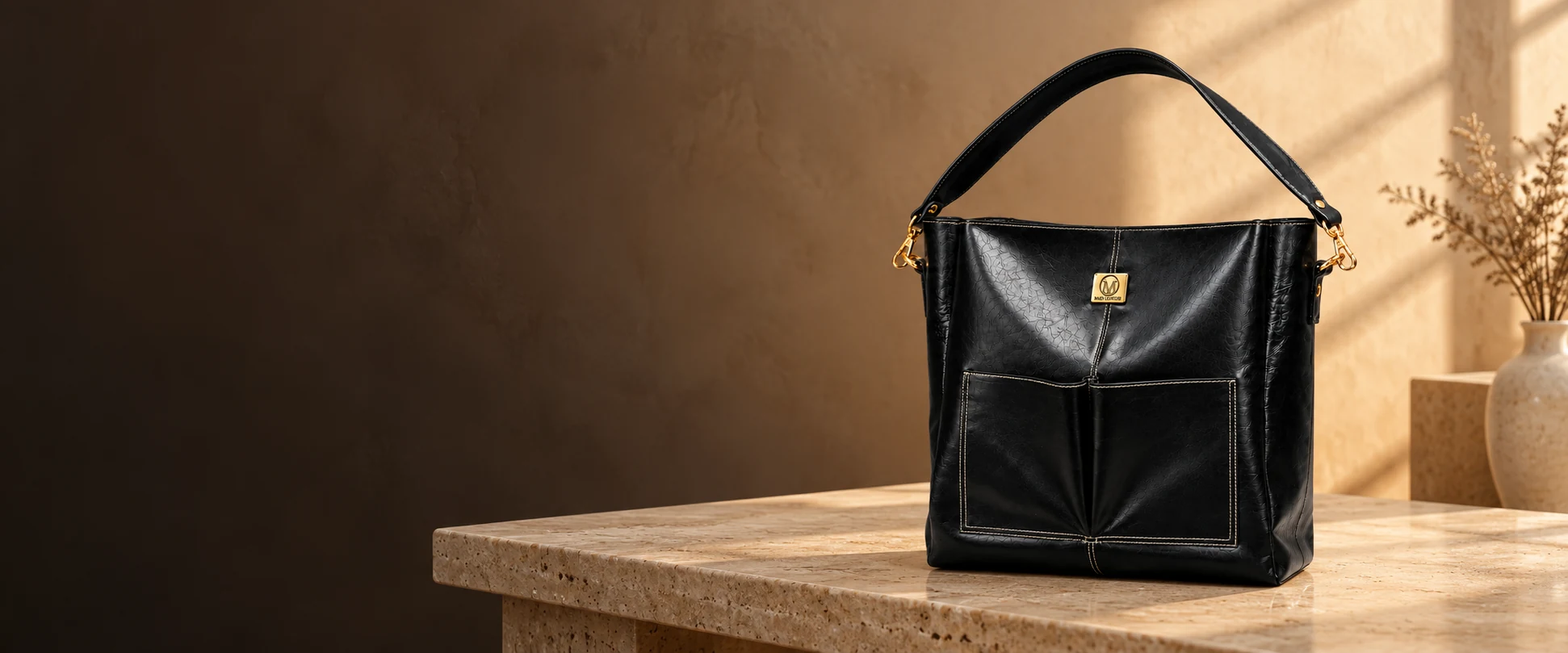 Double-Pocket Leather Tote Bag displayed on a boutique display table with warm plaster behind it