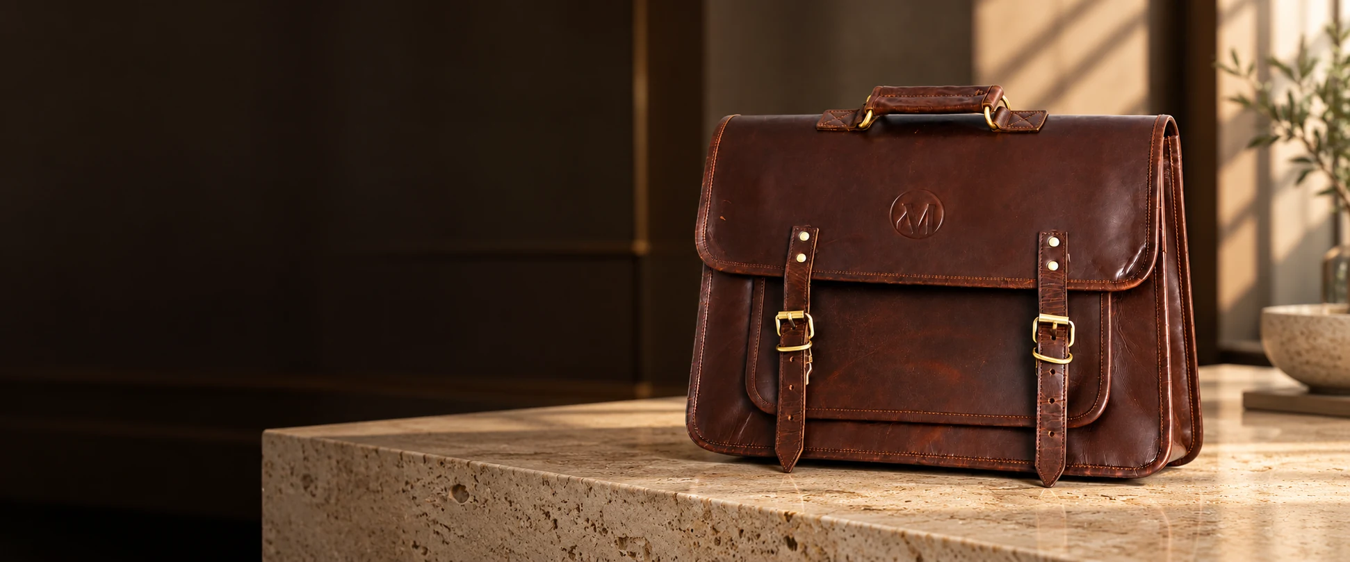 Compact Twin-Buckle Leather Messenger Bag displayed on a travertine counter in a refined business lounge