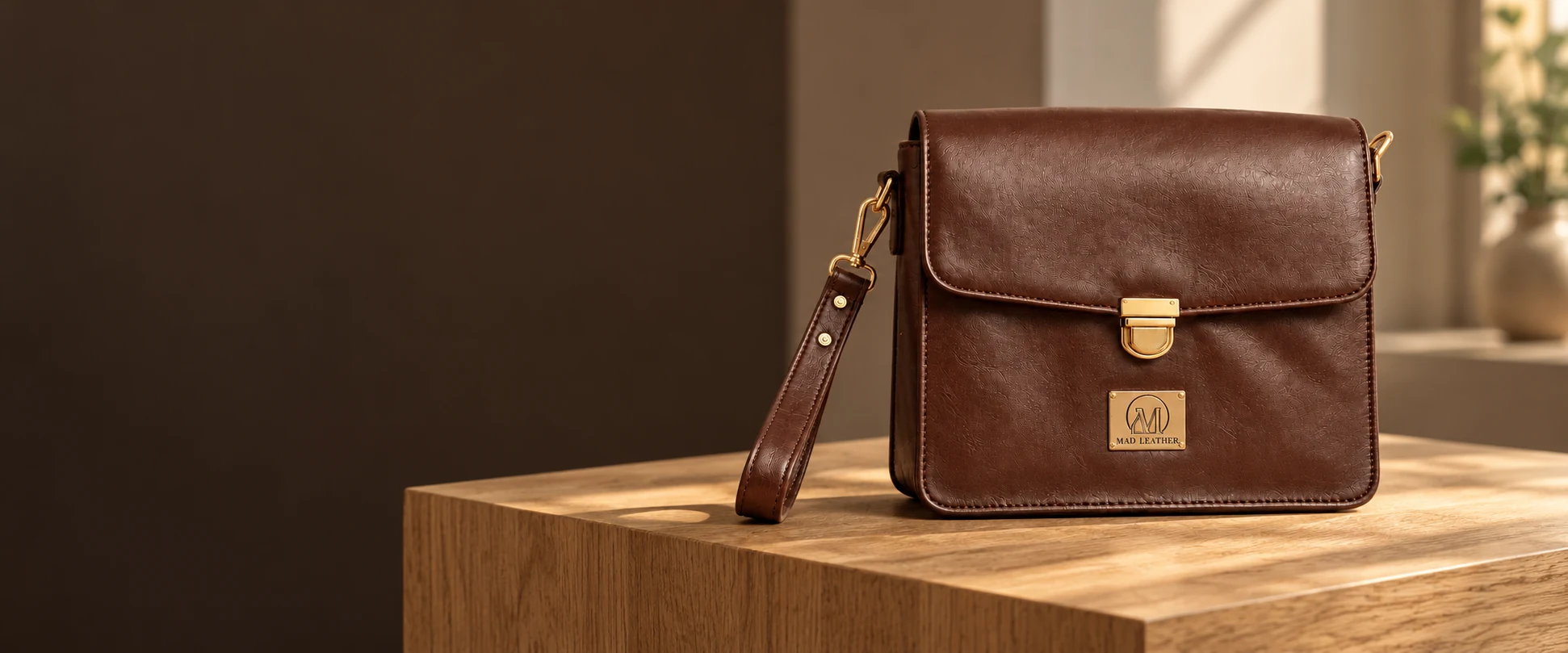 Leather Handheld Clutch displayed on an oak pedestal in an understated retail interior