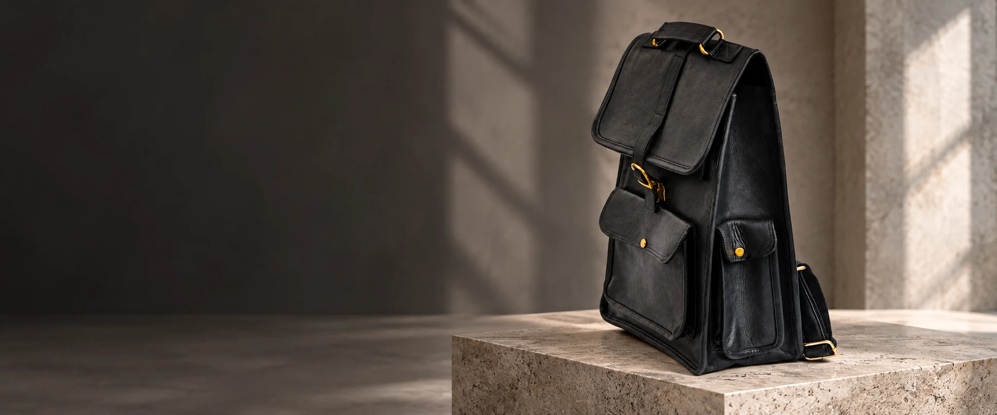 Buckle-Flap Leather Backpack displayed on a stone pedestal in an understated gallery