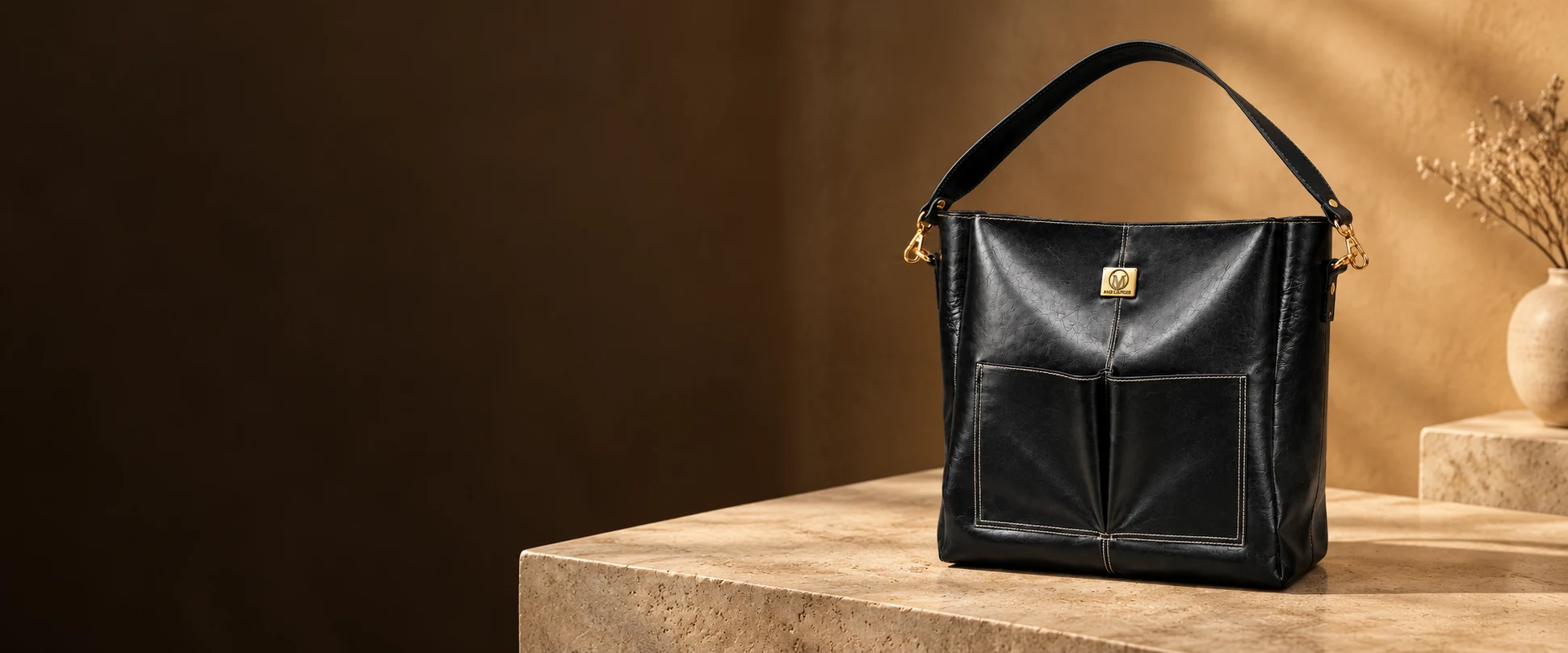 Double-Pocket Leather Tote Bag displayed on a boutique display table with warm plaster behind it