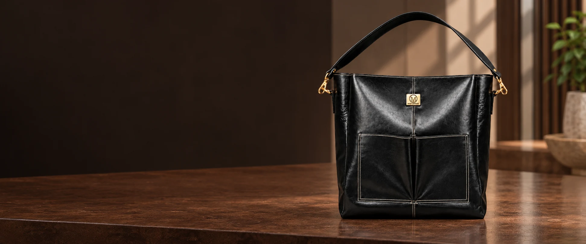Double-Pocket Leather Tote Bag displayed on a deep brown retail counter with subtle daylight
