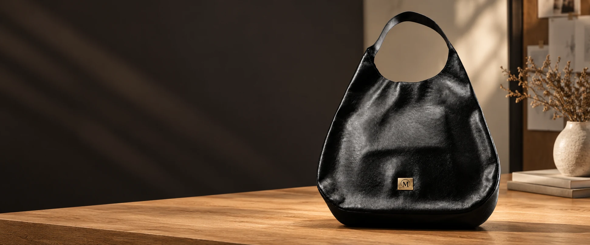 Oversized Leather Hobo Bag displayed on a clean oak table in a collection planning studio