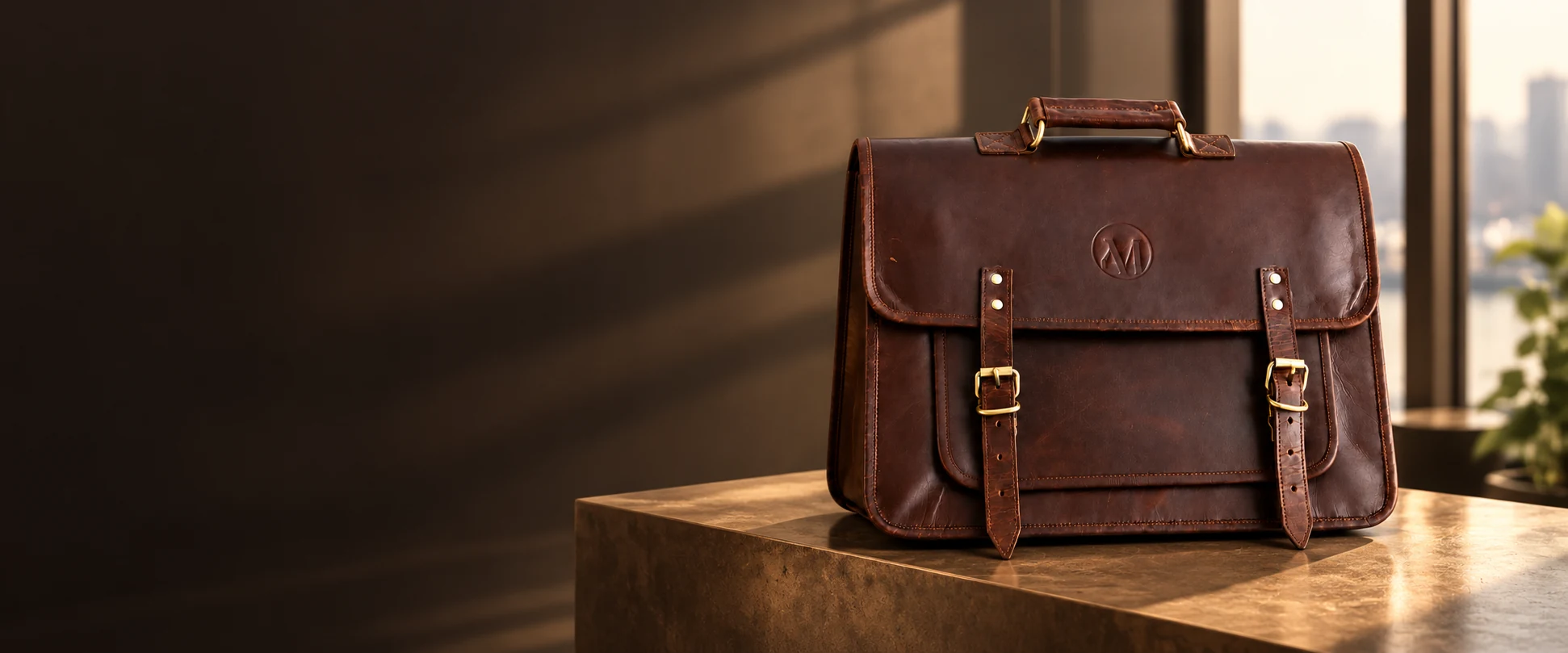 Compact Twin-Buckle Leather Messenger Bag displayed on a bronze-toned plinth beside an office window