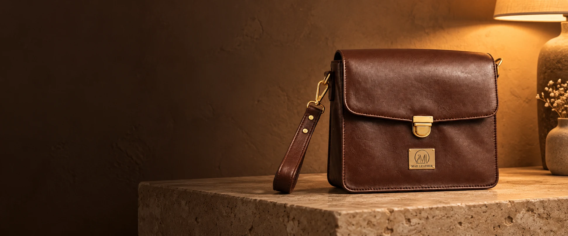 Leather Handheld Clutch displayed on a travertine shelf against clay-coloured plaster
