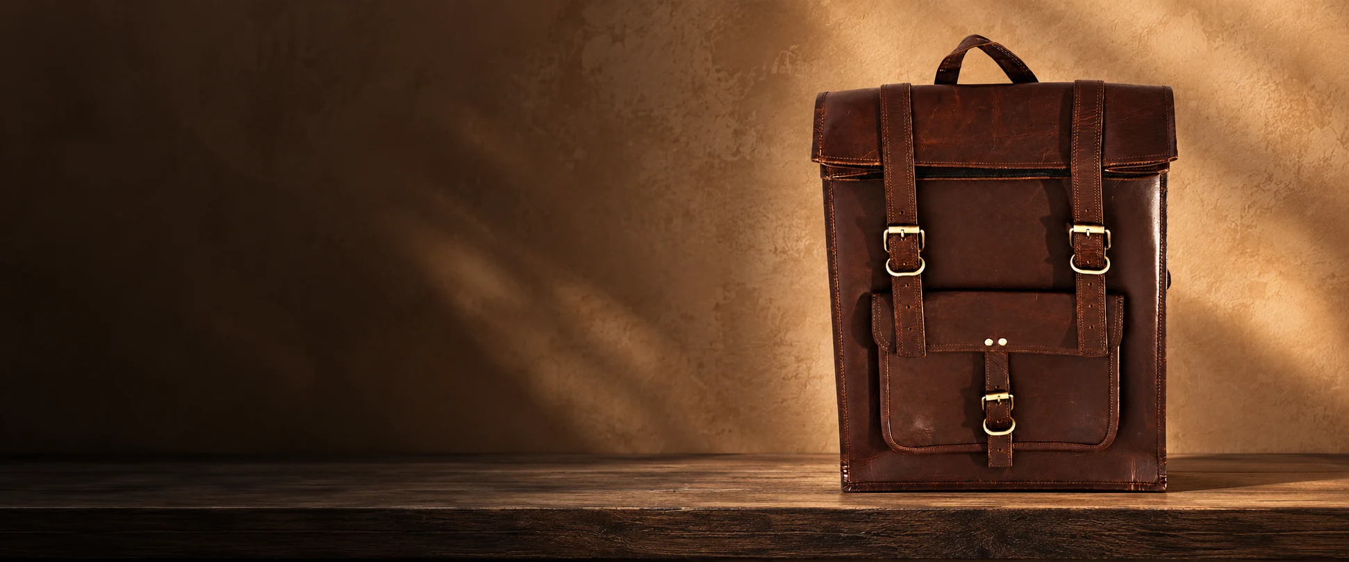 Leather Flap Backpack displayed on a smoked oak shelf against warm plaster