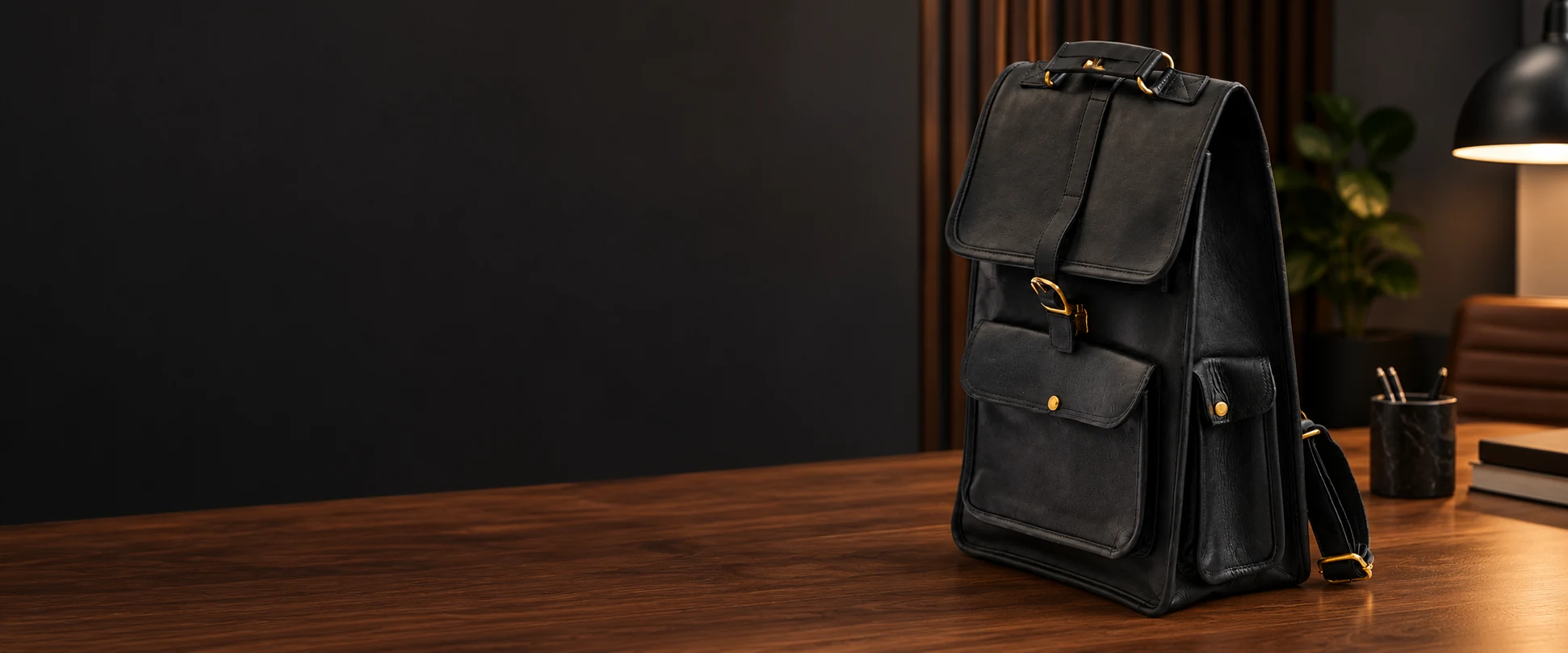 Buckle-Flap Leather Backpack displayed on a quiet walnut work desk in a modern office