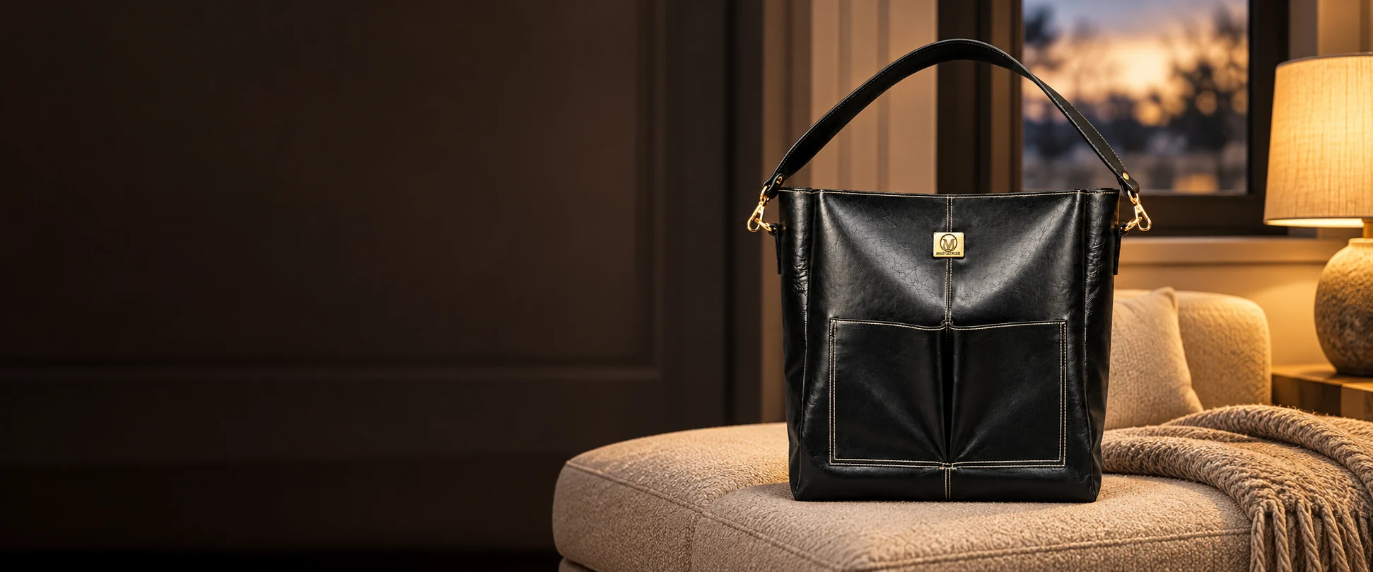 Double-Pocket Leather Tote Bag displayed on a cream upholstered bench beside a window