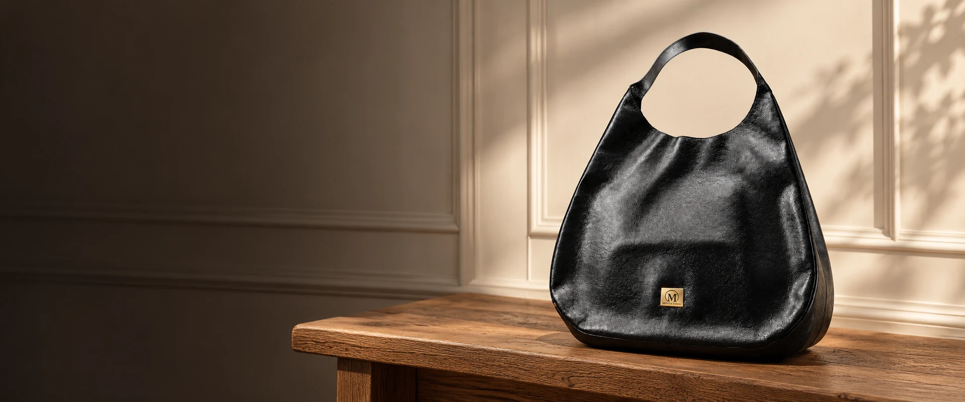 Oversized Leather Hobo Bag displayed on a timber bench against warm cream panelling