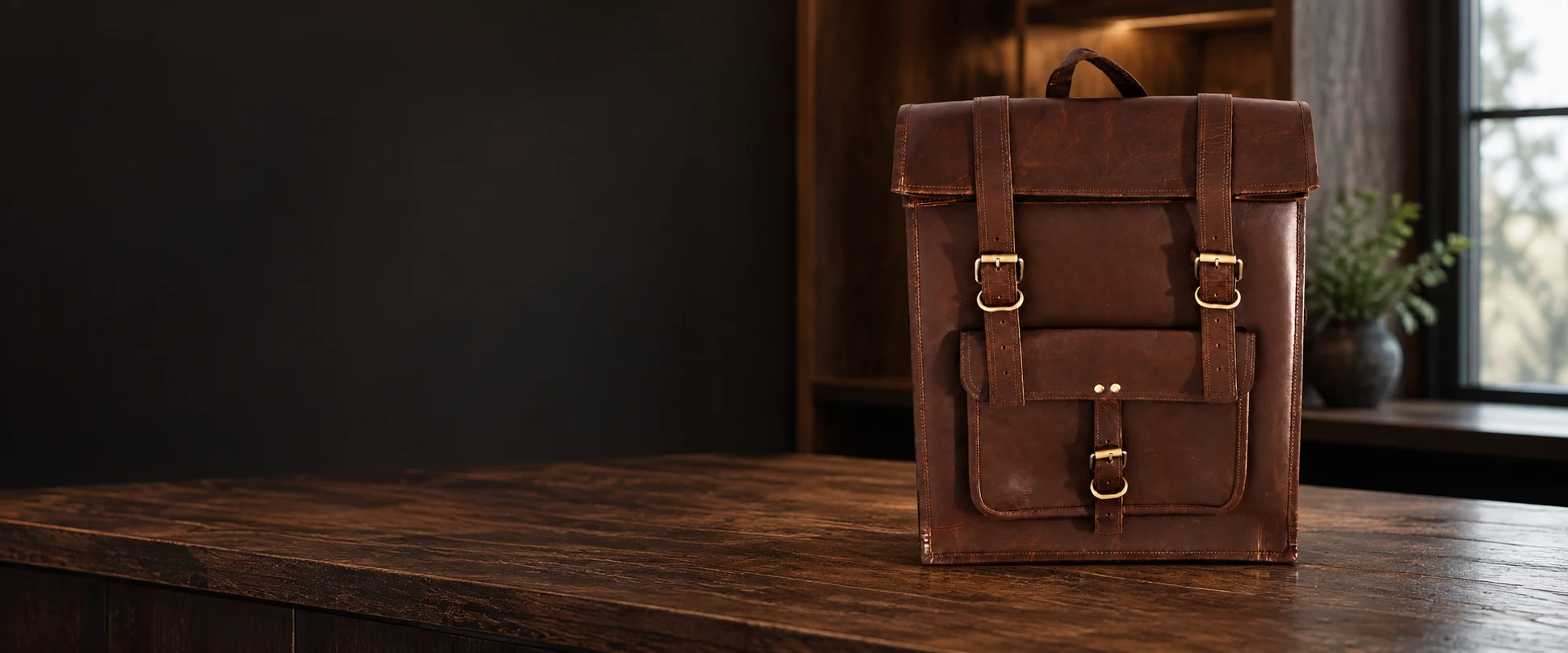 Leather Flap Backpack displayed on a dark timber counter in a clean retail showroom