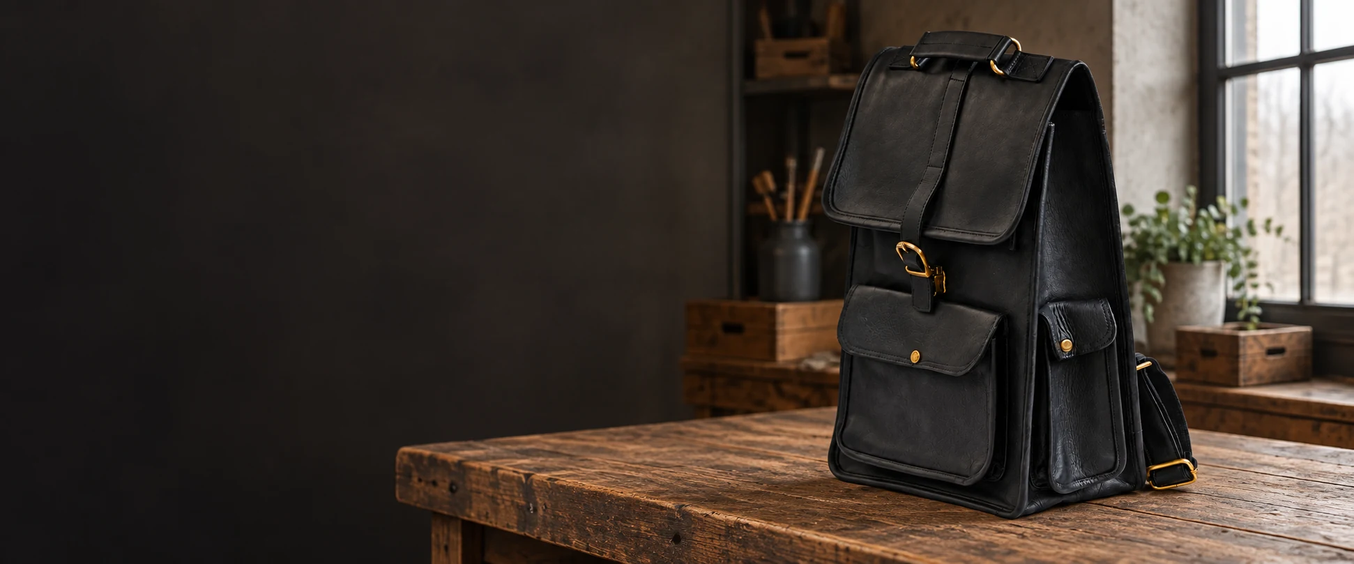 Buckle-Flap Leather Backpack displayed on a reclaimed wood workbench in a tidy studio